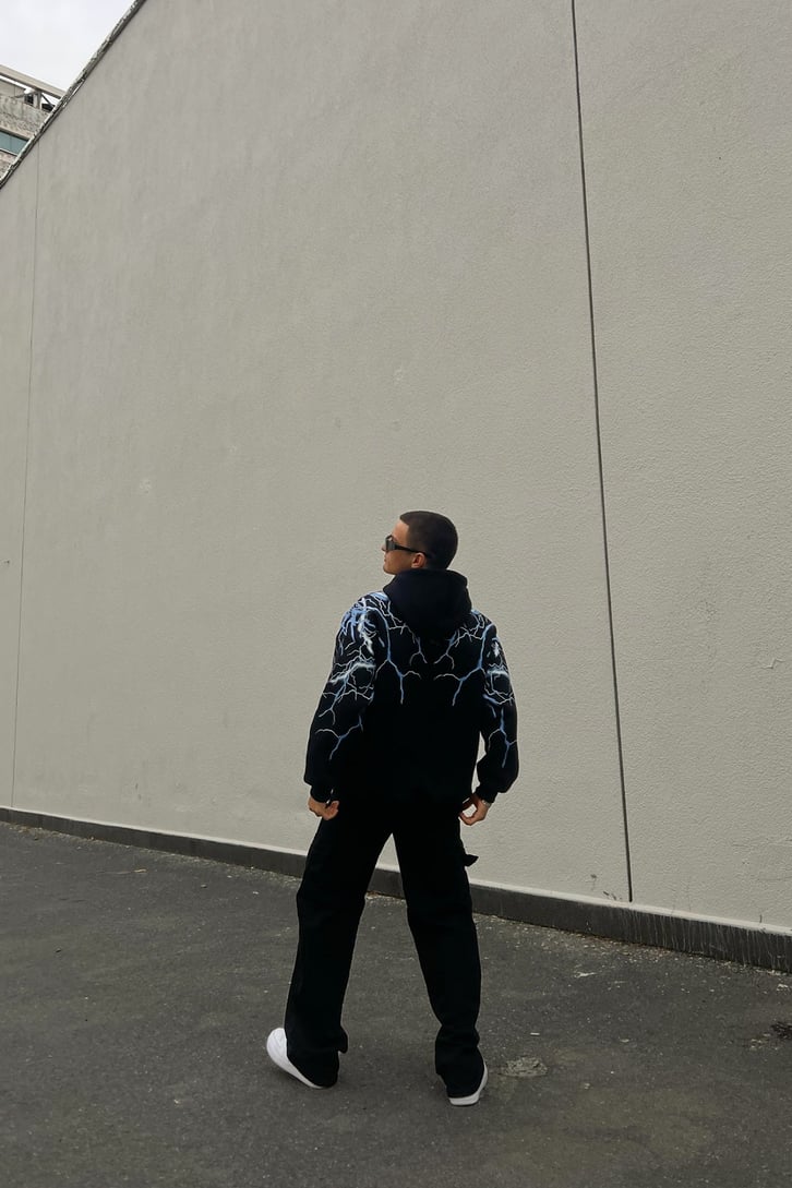 Lightning Baskılı Siyah Oversize Hoodie