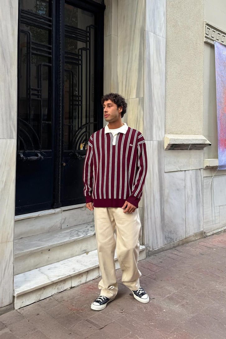 Local Nakışlı Çizgili Triko Kazak