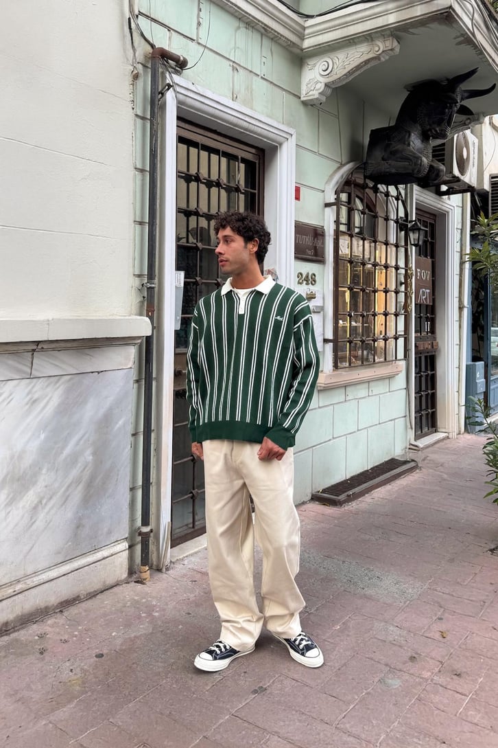 Local Nakışlı Çizgili Yeşil Triko Kazak