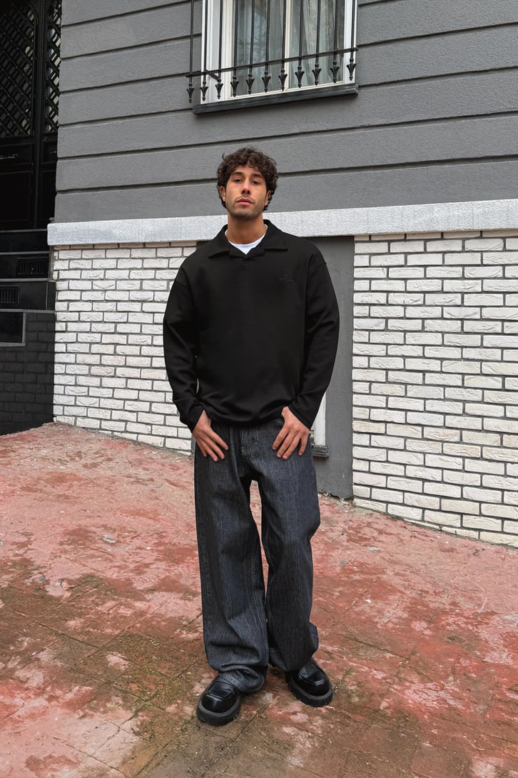 Local Nakışlı Polo Yaka Sweatshirt