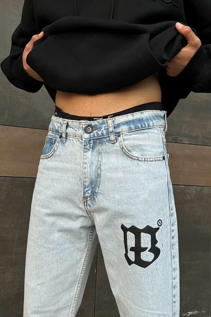 Logo Baskılı Buz Mavi Regular Fit Jean