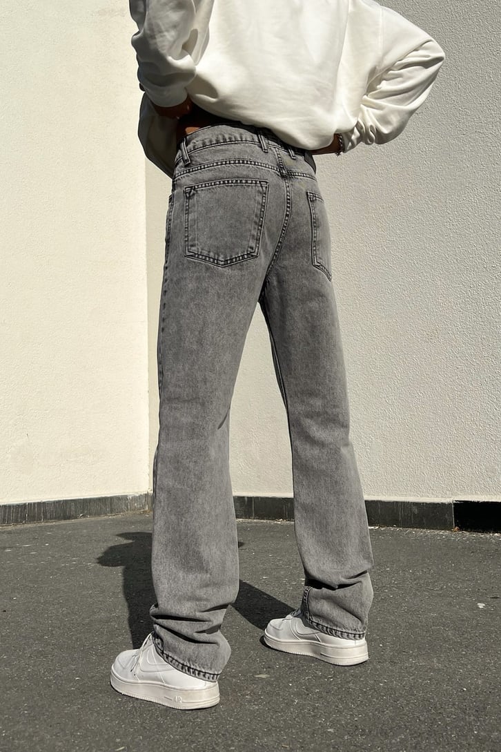 Logo Baskılı Gri Acid Wash Regular Fit Jean