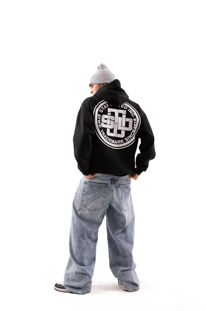 Logo Baskılı Siyah Oversize Hoodie