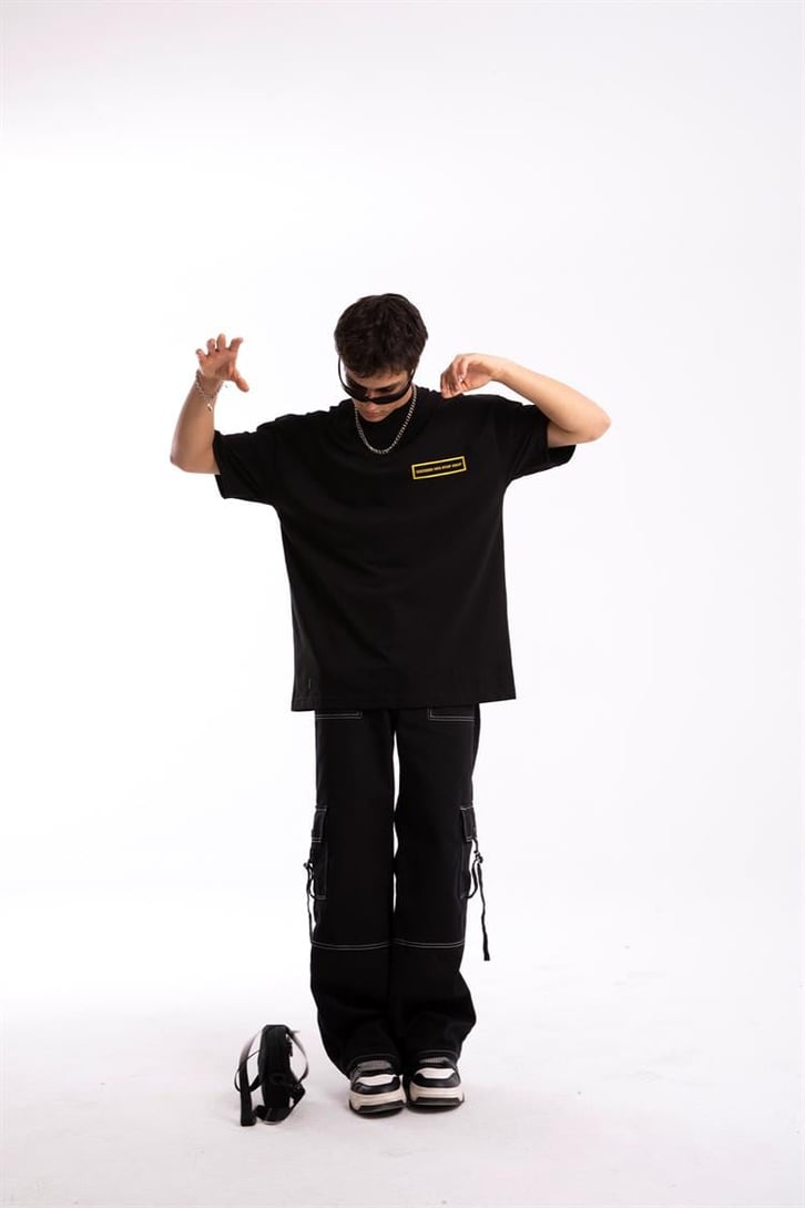 Look Mom Sırt Baskılı Siyah Oversize Tişört