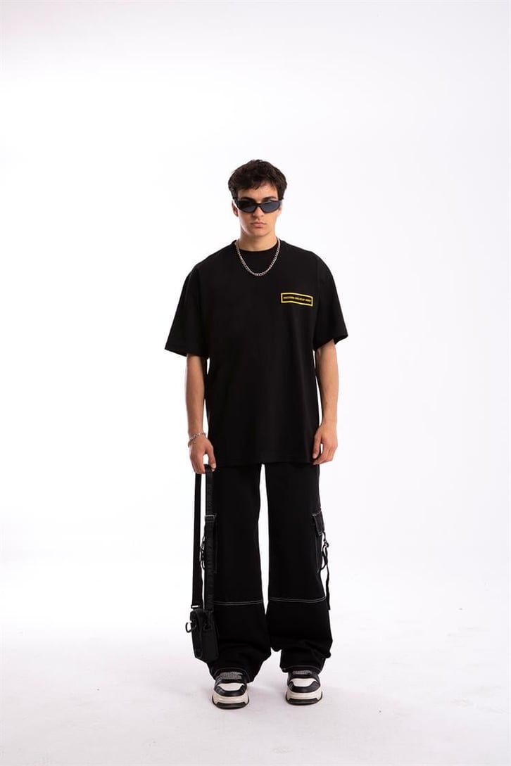 Look Mom Sırt Baskılı Siyah Oversize Tişört