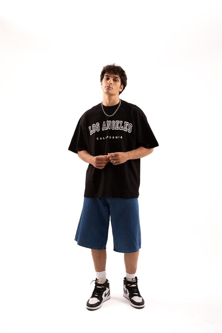 Los Angeles Baskılı Siyah Oversize Tişört