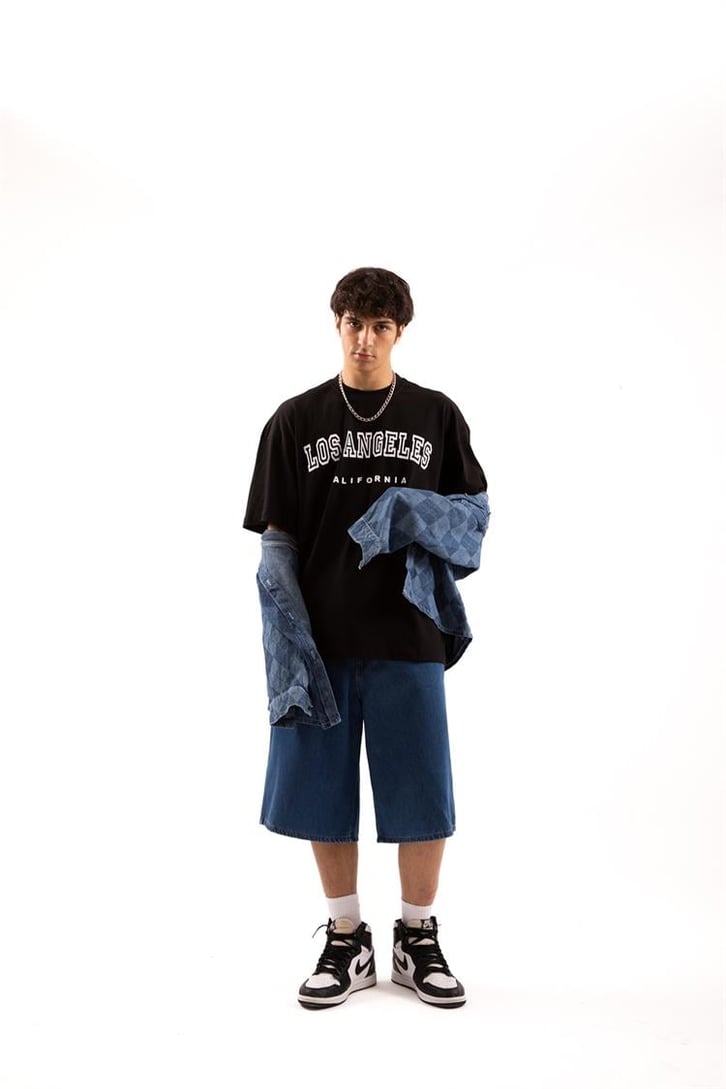 Los Angeles Baskılı Siyah Oversize Tişört