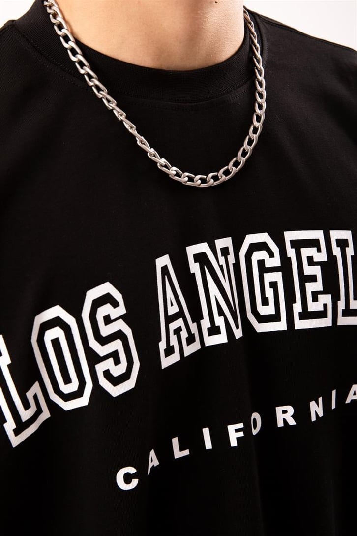 Los Angeles Baskılı Siyah Oversize Tişört