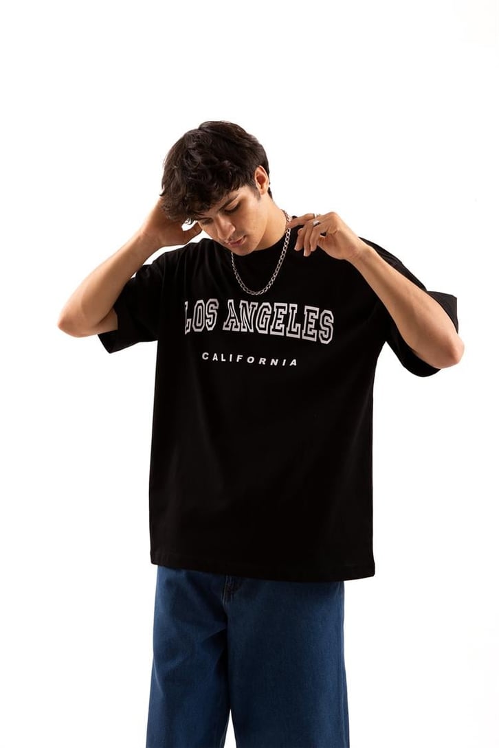 Los Angeles Baskılı Siyah Oversize Tişört