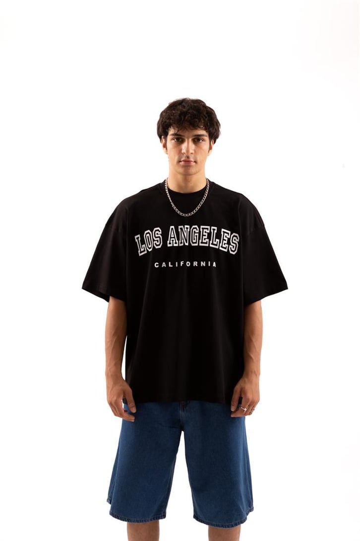 Los Angeles Baskılı Siyah Oversize Tişört