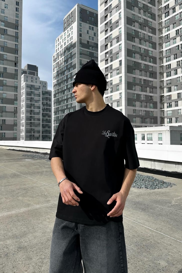 Los Santos Reflektör Baskılı Siyah Oversize Tişört