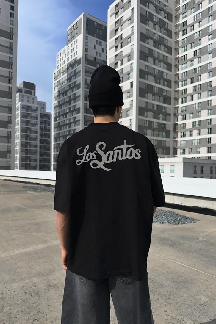 Los Santos Reflektör Baskılı Siyah Oversize Tişört