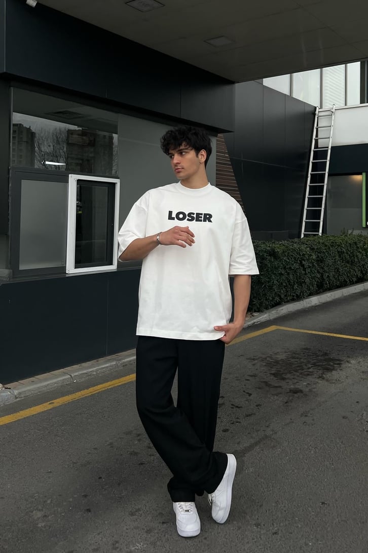Loser Baskılı Beyaz Oversize Tişört