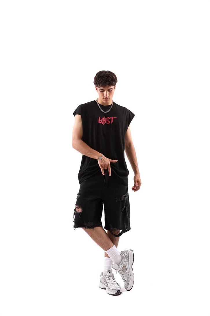 Lost Control Baskılı Kolsuz Siyah Oversize Tişört