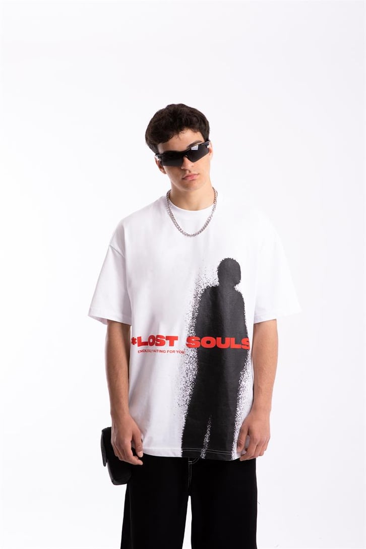 Lost Souls Baskılı Beyaz Oversize Tişört