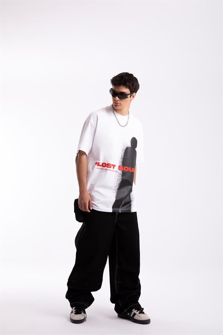 Lost Souls Baskılı Beyaz Oversize Tişört