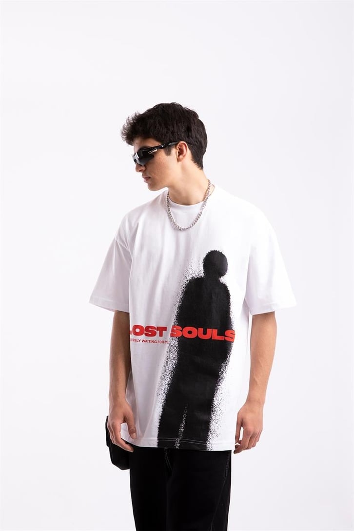 Lost Souls Baskılı Beyaz Oversize Tişört
