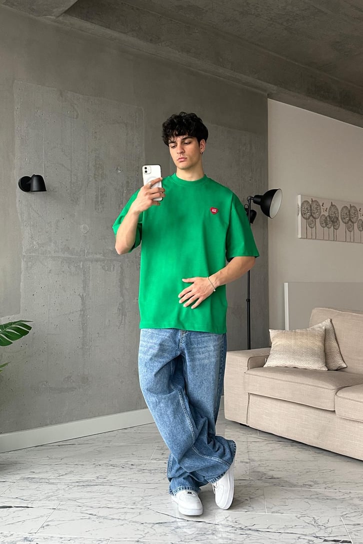Love Made Heart Baskılı Yeşil Oversize Tişört