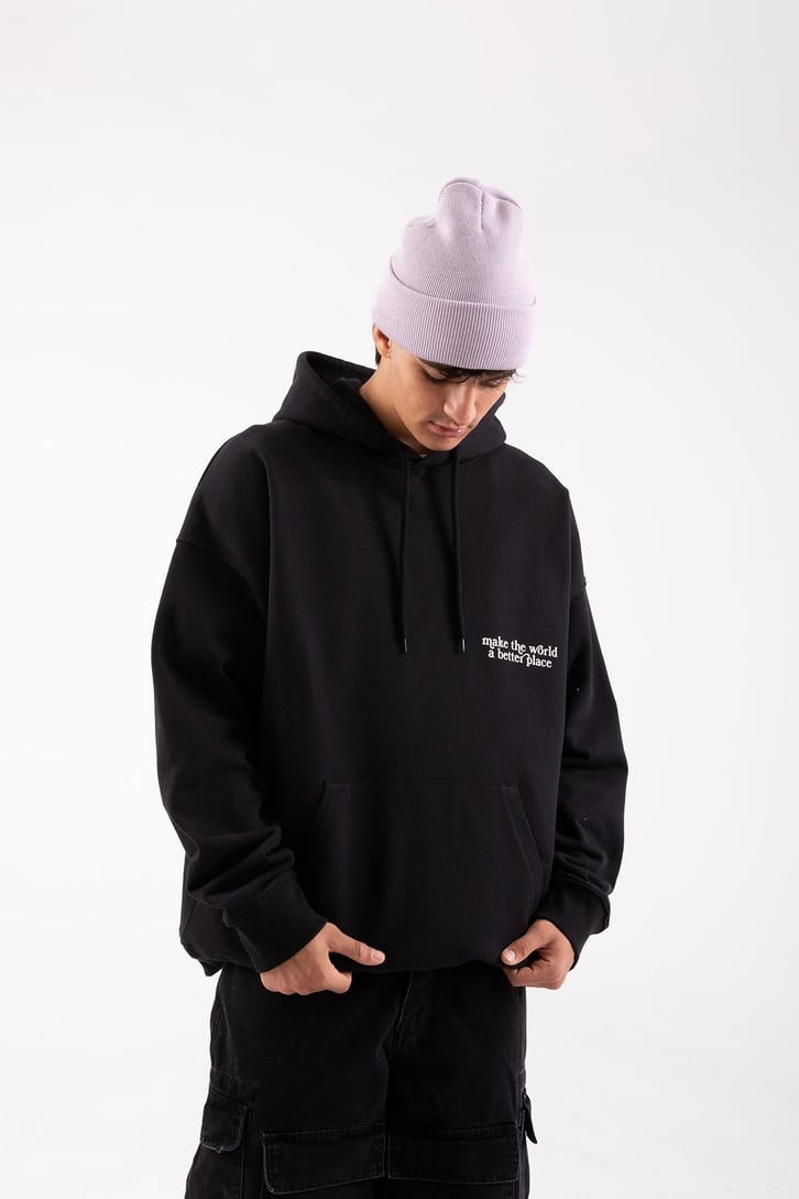 Make The World Baskılı Siyah Oversize Hoodie