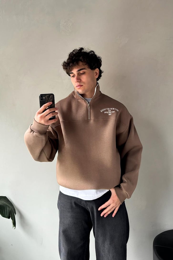 Manhattan New York Nakışlı Polo Yaka Sweatshirt