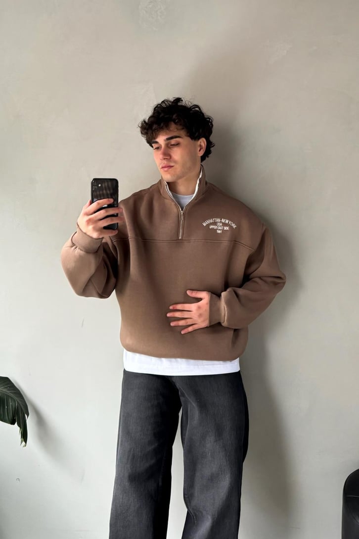 Manhattan New York Nakışlı Polo Yaka Sweatshirt