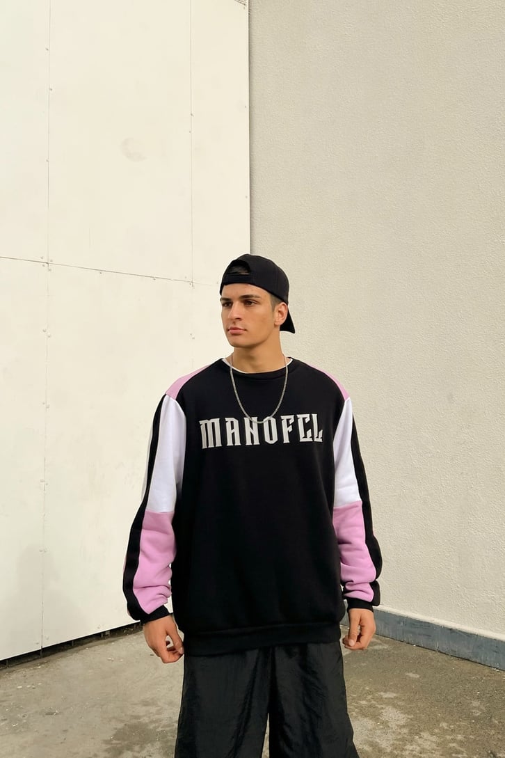Manofcl Parçalı Siyah Oversize Sweatshirt