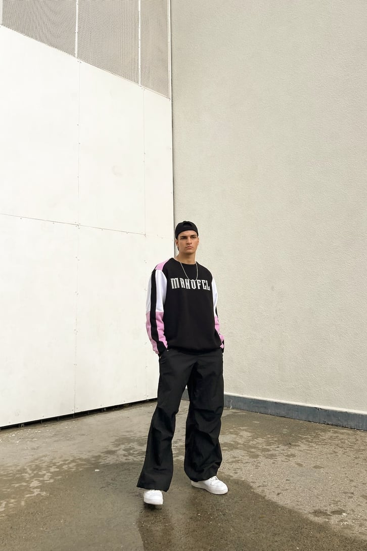 Manofcl Parçalı Siyah Oversize Sweatshirt
