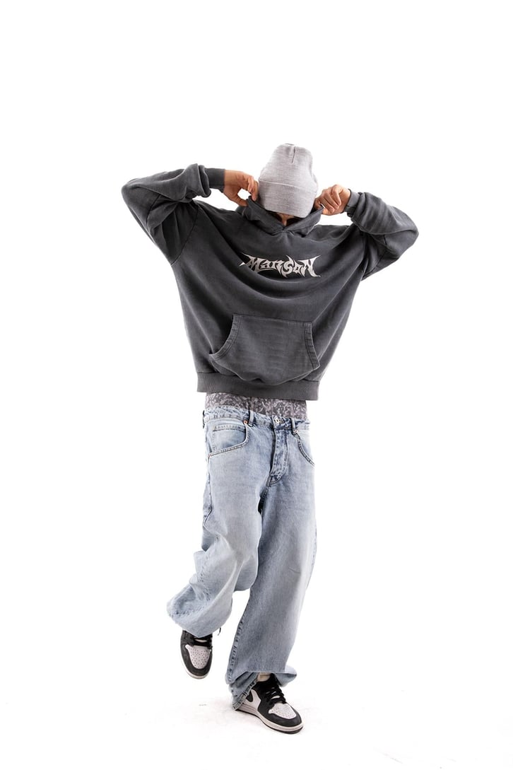 Manson Baskılı Acid Wash Oversize Hoodie