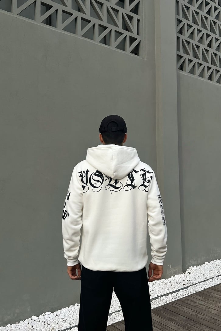 Masked Baskılı Beyaz Oversize Hoodie