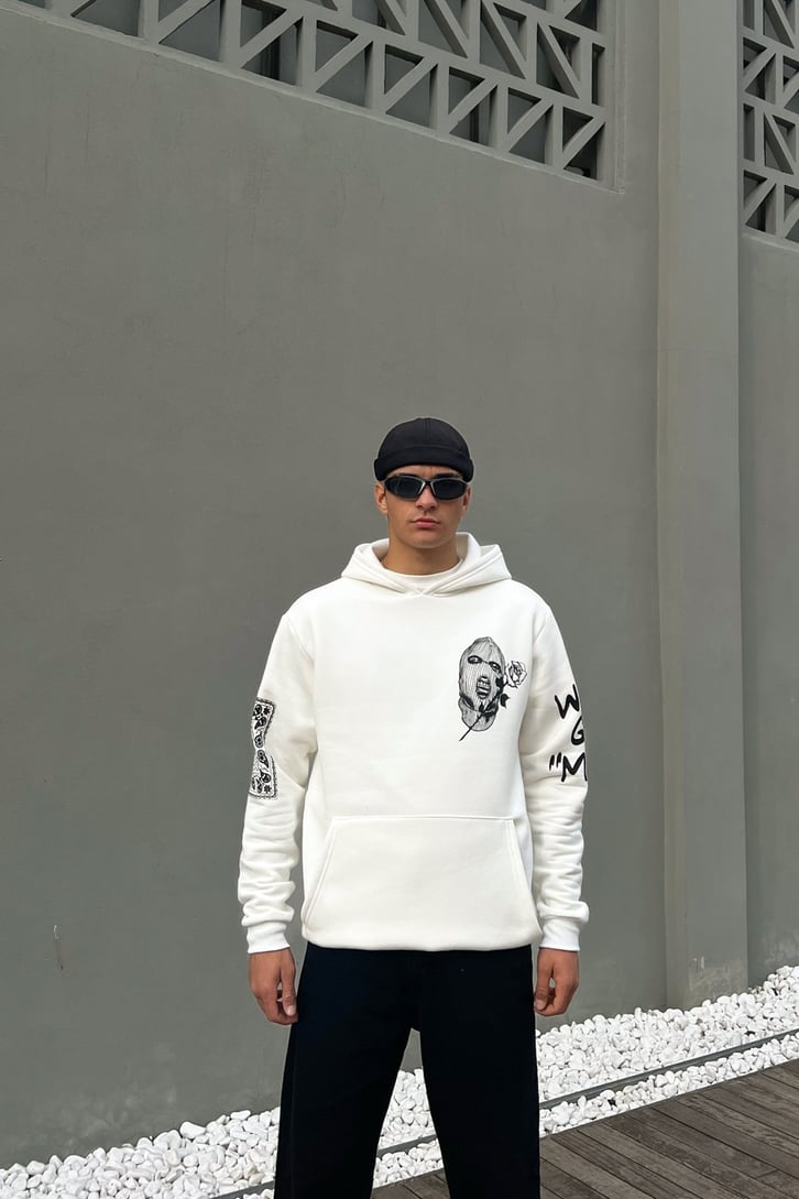 Masked Baskılı Beyaz Oversize Hoodie