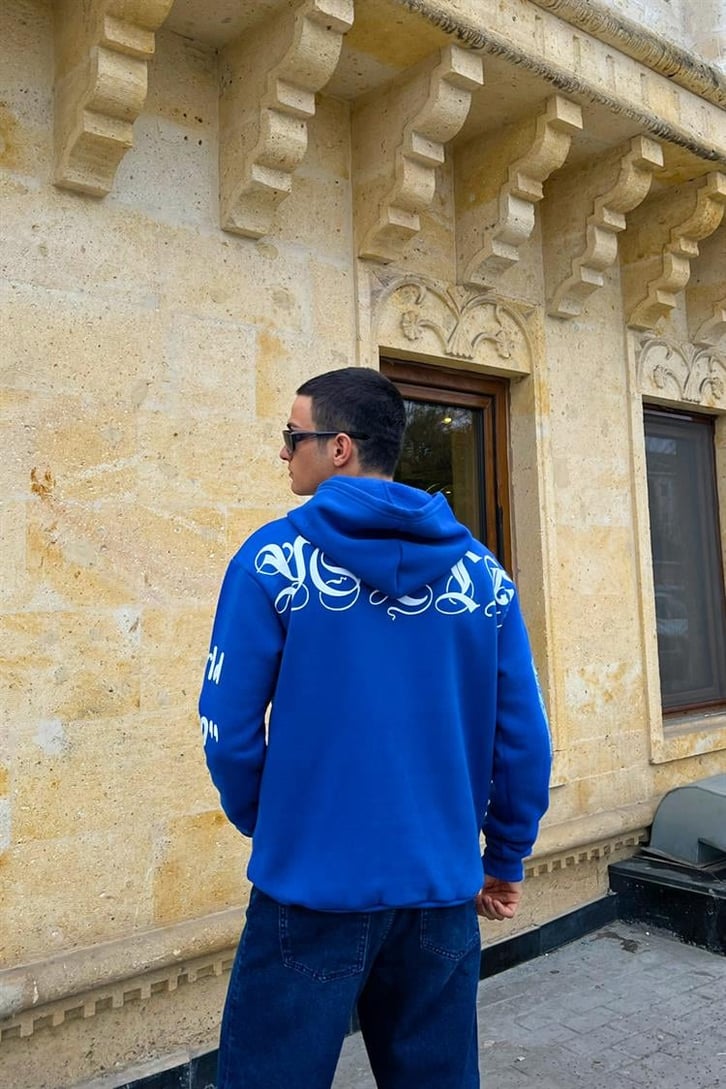 Masked Baskılı Saks Mavisi İçi Pamuklu Oversize Hoodie