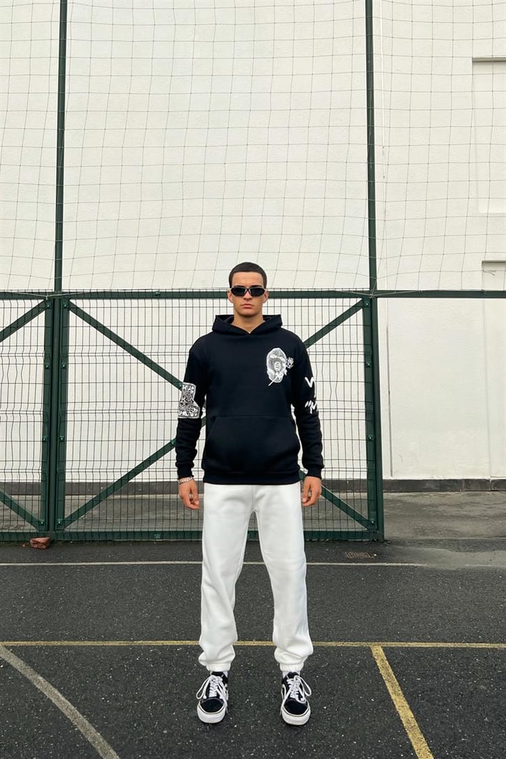 Masked Baskılı Siyah İçi Pamuklu Oversize Hoodie