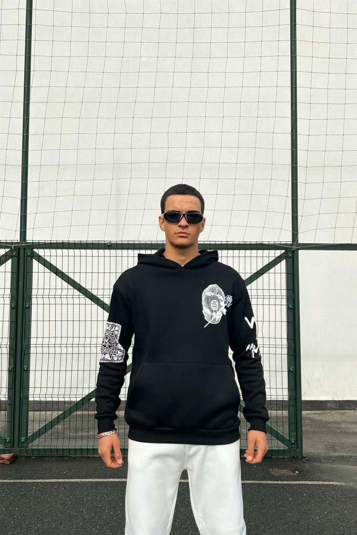 Masked Baskılı Siyah İçi Pamuklu Oversize Hoodie