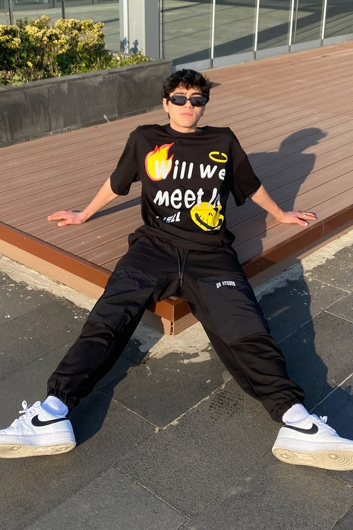 Meet in Hell Oversize Printed Siyah Tshirt
