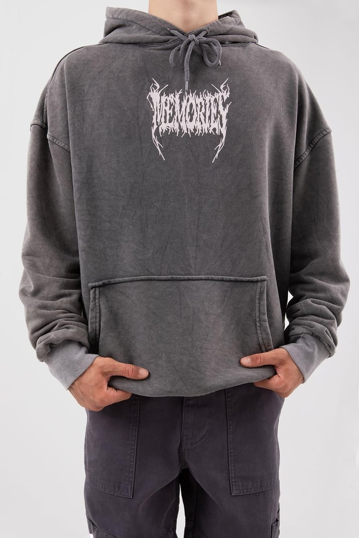 Memories Baskılı Acid Wash Oversize Hoodie