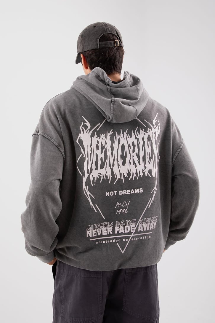 Memories Baskılı Acid Wash Oversize Hoodie