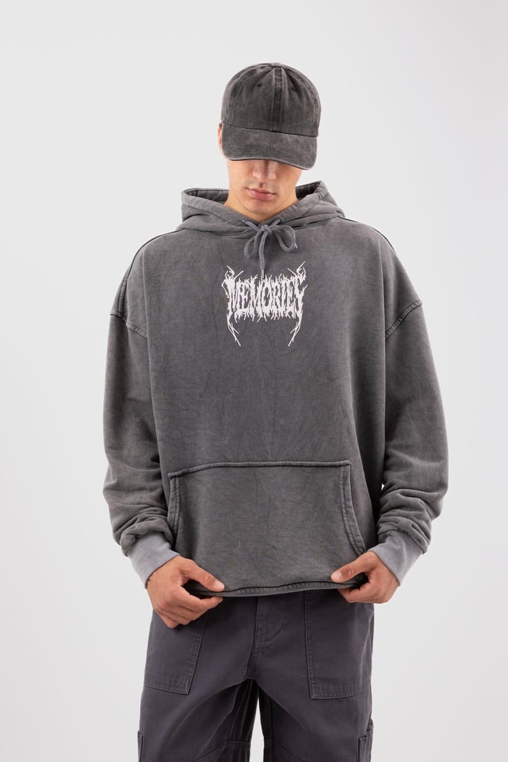 Memories Baskılı Acid Wash Oversize Hoodie