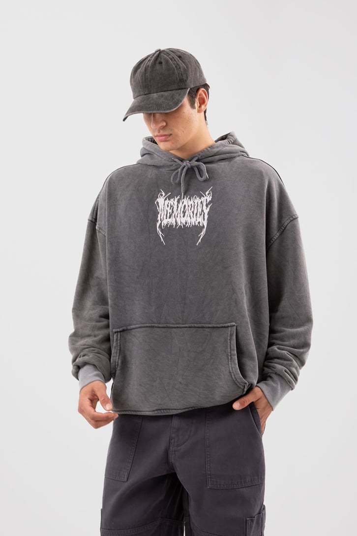 Memories Baskılı Acid Wash Oversize Hoodie