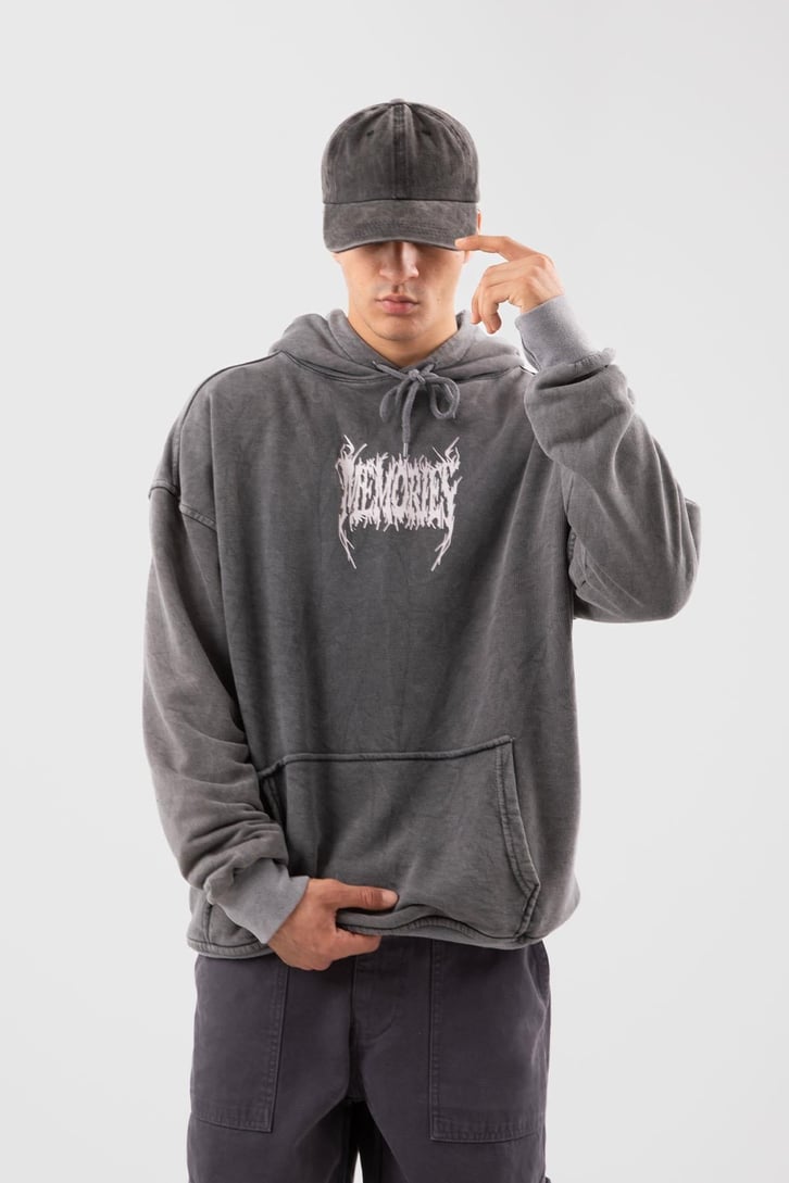 Memories Baskılı Acid Wash Oversize Hoodie