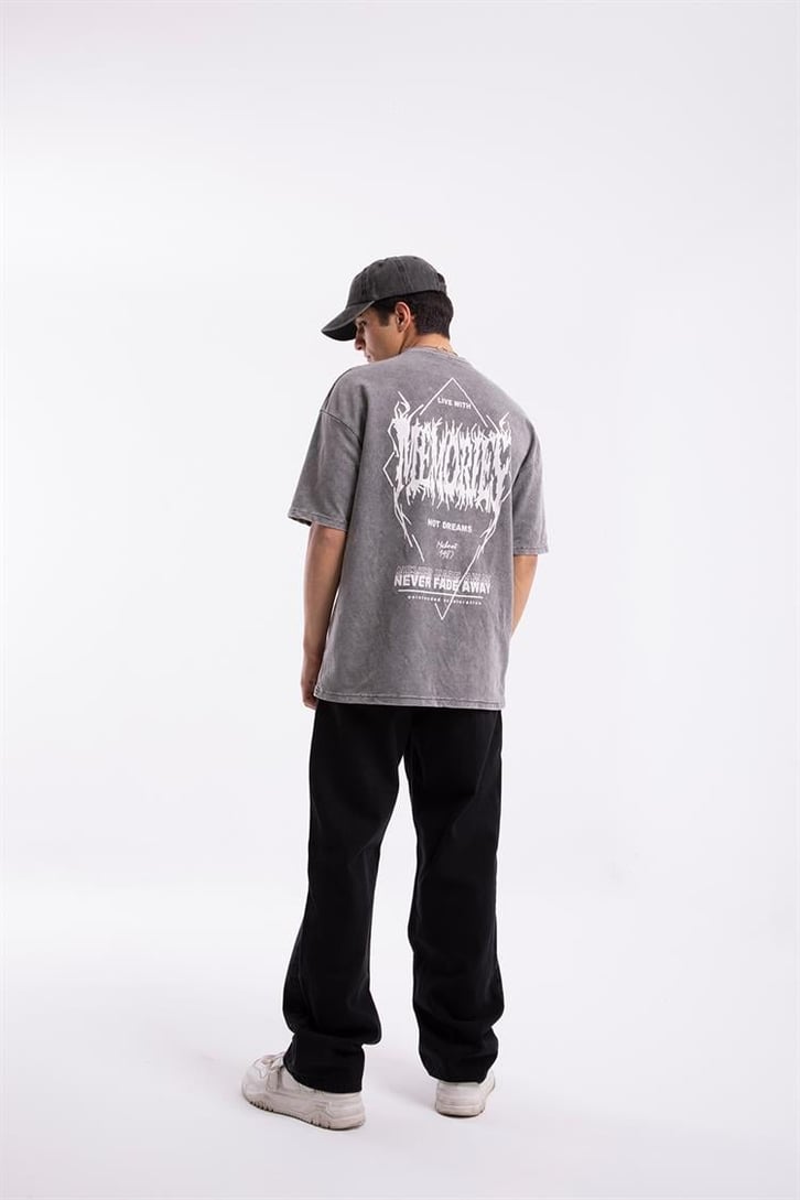 Memories Baskılı Acid Wash Oversize Tshirt