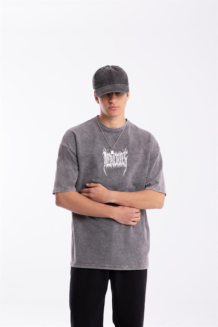 Memories Baskılı Acid Wash Oversize Tshirt