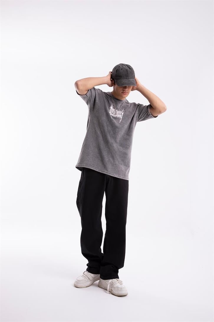 Memories Baskılı Acid Wash Oversize Tshirt