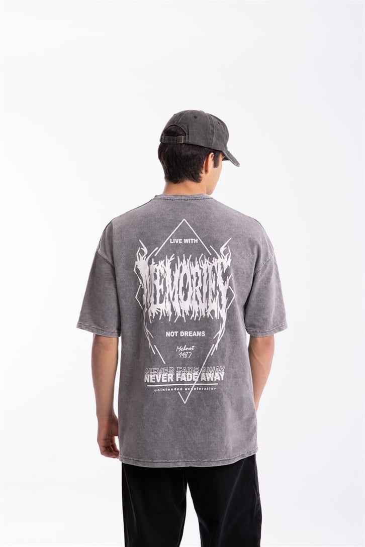 Memories Baskılı Acid Wash Oversize Tshirt