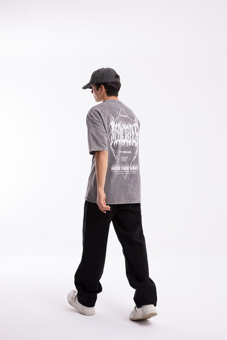 Memories Baskılı Acid Wash Oversize Tshirt