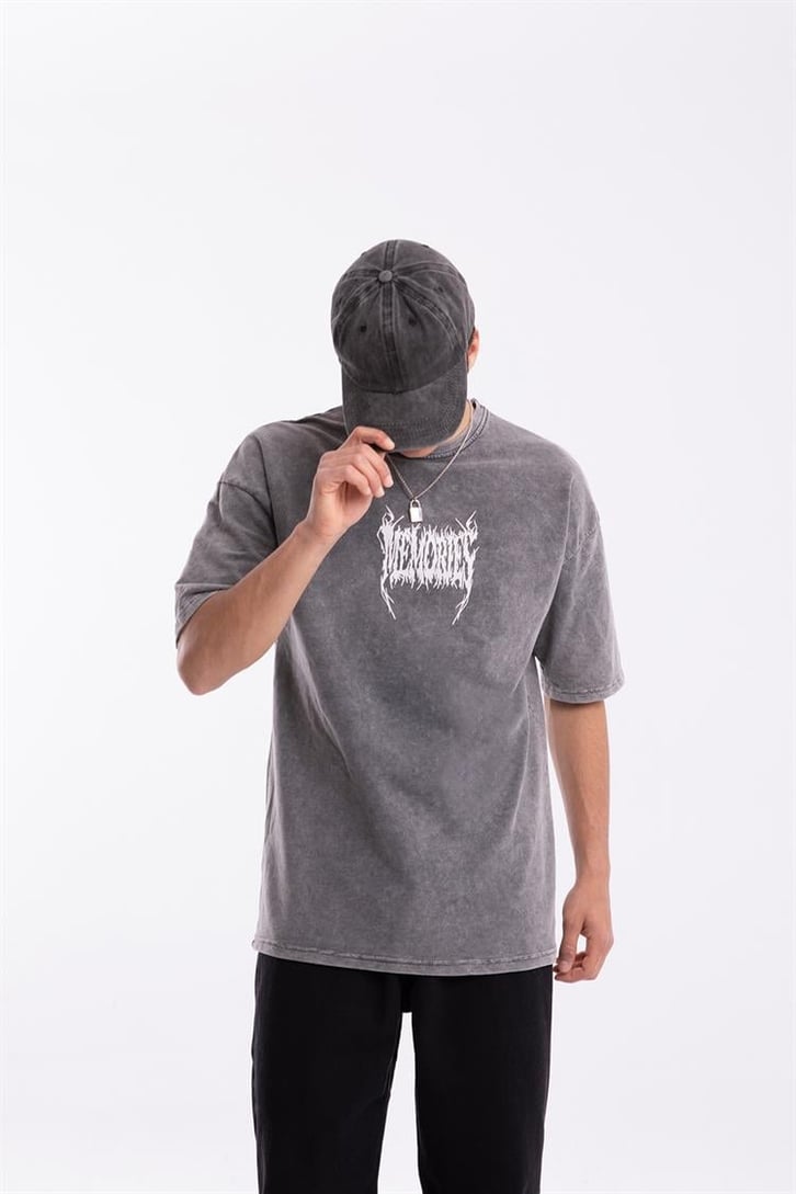 Memories Baskılı Acid Wash Oversize Tshirt