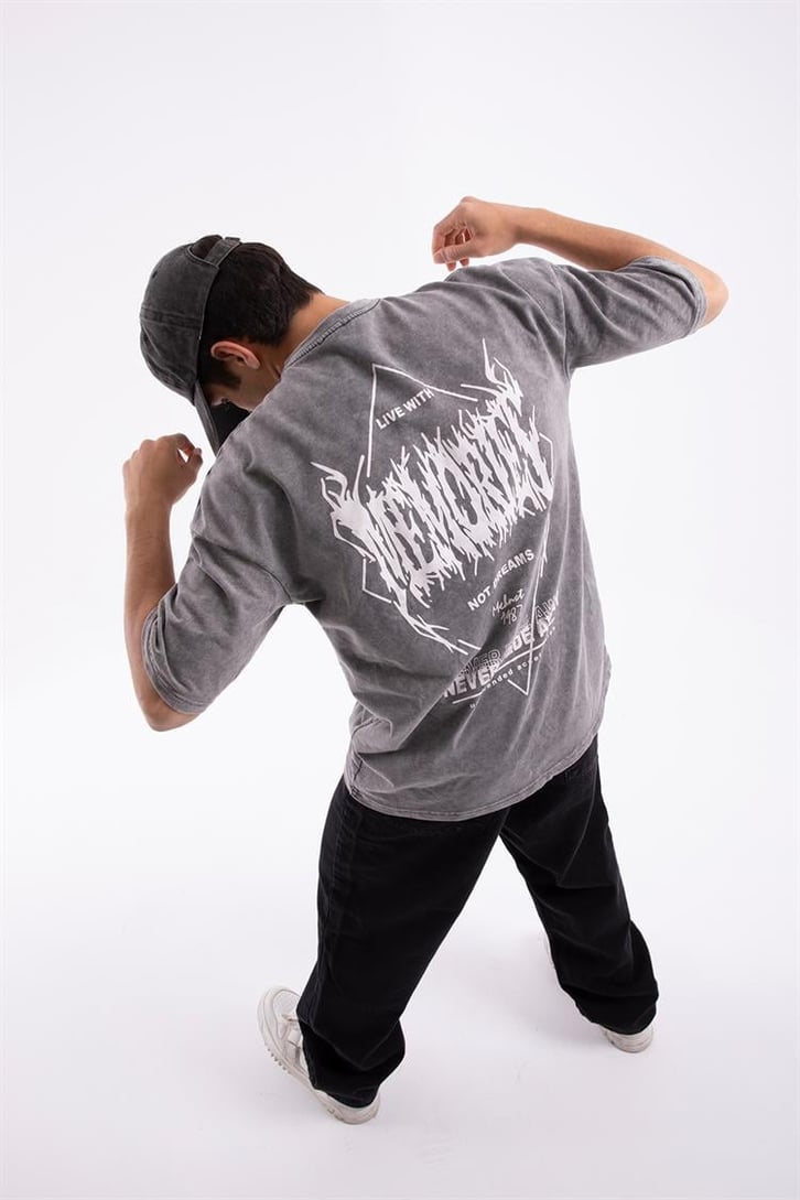 Memories Baskılı Acid Wash Oversize Tshirt