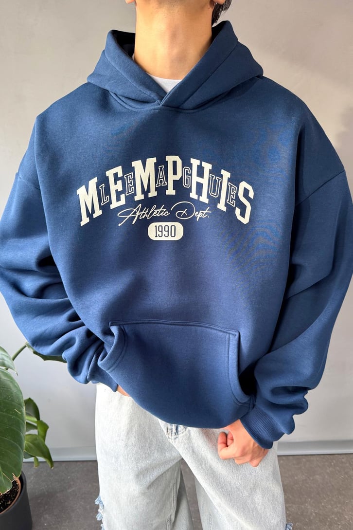 Memphis Baskılı İndigo Oversize Hoodie