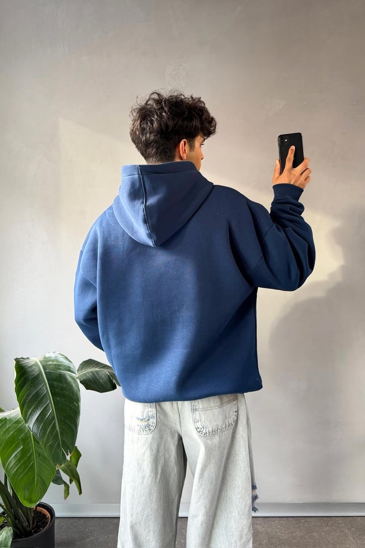 Memphis Baskılı İndigo Oversize Hoodie