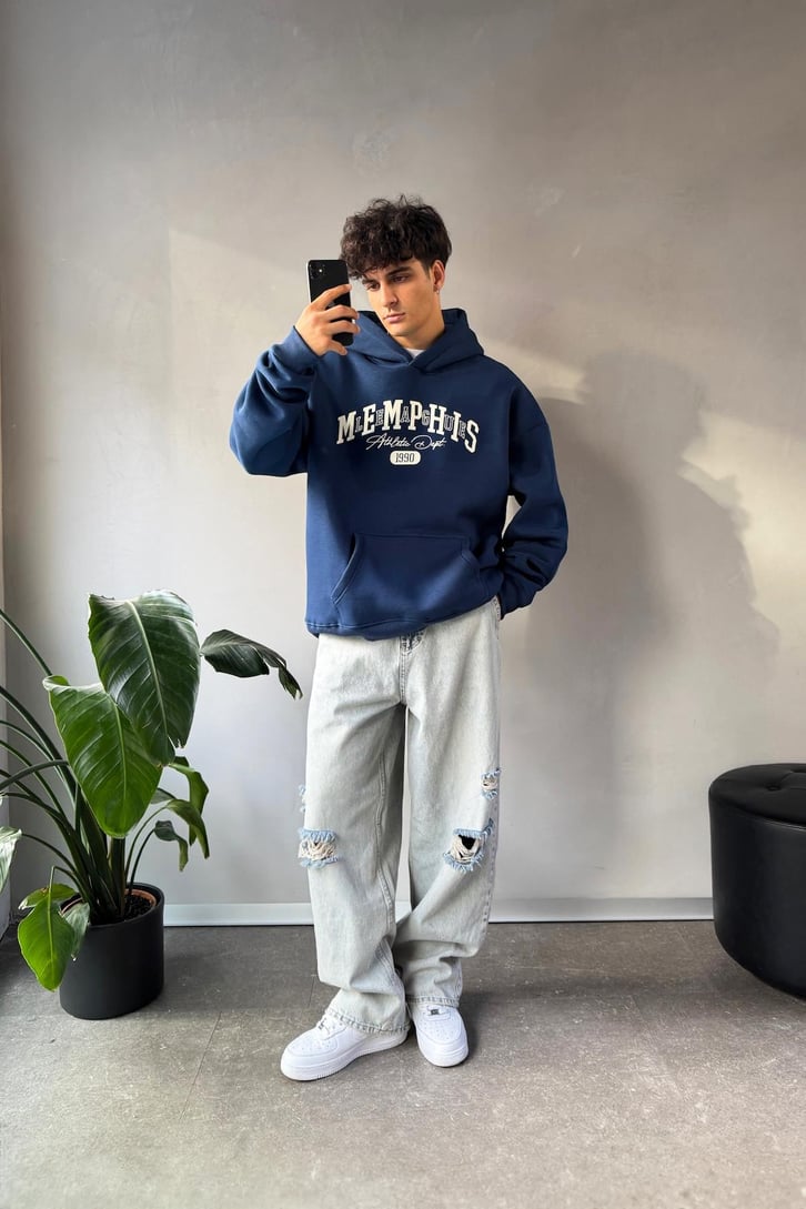 Memphis Baskılı İndigo Oversize Hoodie