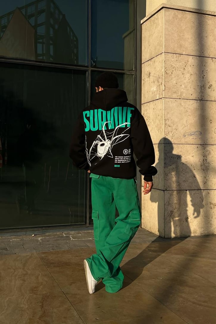 Mhm Survive Sırt Baskılı Siyah Oversize Hoodie